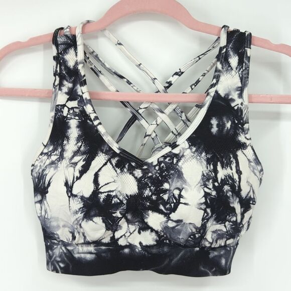 Fit Booty Tie Die Black White Sports Bra Criss-Cross Straps Medium - Picture 1 of 4